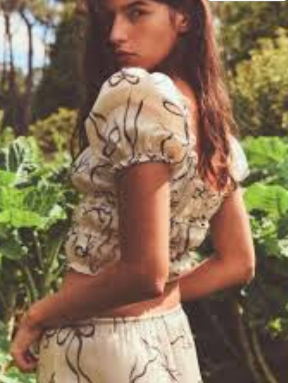 Zara Cream Puff-Sleeve Blouse Crop Top with Black Ribbon Bows Coquette Print